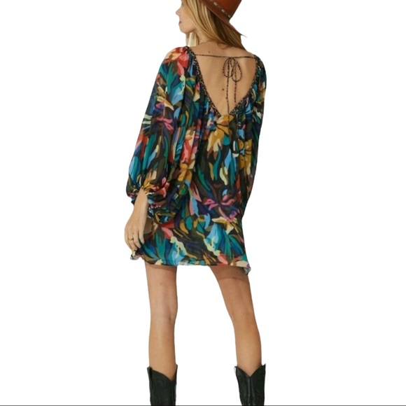 Jen's Pirate Booty x Free People Orissa M Black Blue Abstract Chiffon Mini Dress - Picture 3 of 11